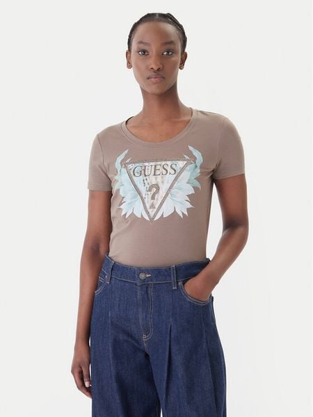 Guess T-Shirt W6GI12 K3027 Brązowy Regular Fit. Brązowe t-shirty Guess, m, z aplikacjami, z bawełny, bez kołnierzyka, bez ramiączek. Za 119.99 zł.