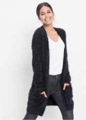 Sweter bez zapięcia z dzianiny z długim włosem. Czarne swetry bonprix, bez wzorów, z dzianiny, bez ramiączek. Za 124.99 zł.