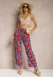 Fioletowo-Różowe Wiskozowe Spodnie z Prostą Nogawką High Waist w Kwiatowy Wzór Zaranima. Fioletowe jeansy Renee, na lato, l, bez wzorów, z jeansu, z podwyższonym stanem. W wyprzedaży za 29.99 zł.