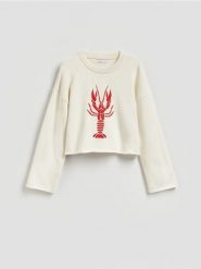 Sweter z haftem - kremowy. Białe swetry Reserved, l, bez wzorów, z bawełny, bez ramiączek. Za 139.99 zł.