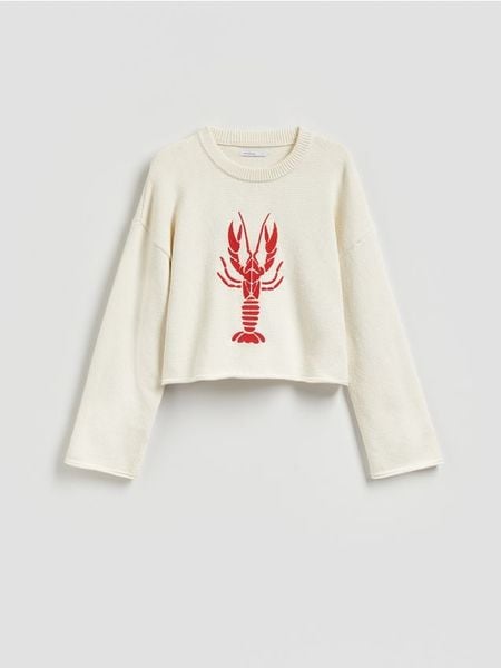 Sweter z haftem - kremowy. Białe swetry Reserved, l, bez wzorów, z bawełny, bez ramiączek. Za 139.99 zł.
