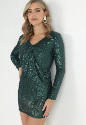 Ciemnozielona Cekinowa Sukienka Mini z Gumką w Pasie Colke. Zielone sukienki Born2be, m, bez wzorów, bez kołnierzyka, bez ramiączek, mini, dopasowane. W wyprzedaży za 135.99 zł.