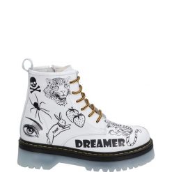 BOTKI Z NADRUKIEM 00102391D WHITE. Białe botki Venezia, bez wzorów, ze skóry, bez obcasa, bez zapięcia. Za 339.00 zł.