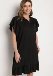 Czarna Sukienka Koszulowa z Guzikami i Falbankami Tenalena. Czarne sukienki Born2be, na co dzień, bez wzorów, eleganckie, bez kołnierzyka, bez ramiączek, midi, koszulowe. Za 99.99 zł.