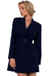 Sukienka żakietowa z kołnierzem i paskiem w talii granatowa. Sukienki MOE, do pracy, s, bez wzorów, biznesowe, bez kołnierzyka, bez ramiączek. Za 449.00 zł.