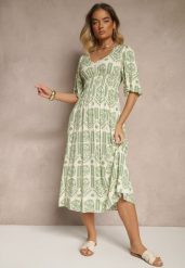 Zielono-Kremowa Sukienka Boho Rozkloszowana z Wiskozy z Odkrytymi Plecami Tuvria. Zielone sukienki Renee, na co dzień, l, bez wzorów, z wiskozy, boho, bez kołnierzyka, bez ramiączek, midi, rozkloszowane. W wyprzedaży za 63.99 zł.