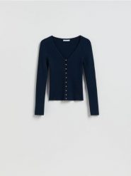 Kardigan z dodatkiem wiskozy - granatowy. Niebieskie swetry Reserved, l, bez wzorów, z dzianiny, bez ramiączek. Za 119.99 zł.