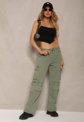 Zielone Spodnie Typu Bojówki z Bawełny High Waist z Kieszeniami Zefara. Zielone jeansy Renee, l, bez wzorów, z bawełny, z podwyższonym stanem. W wyprzedaży za 74.99 zł.