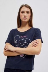 Bluzka z nadrukiem w kształcie twarzy granatowa. Bluzki MOODO, xs, bez wzorów, z bawełny, bez kołnierzyka, bez ramiączek. W wyprzedaży za 15.99 zł.