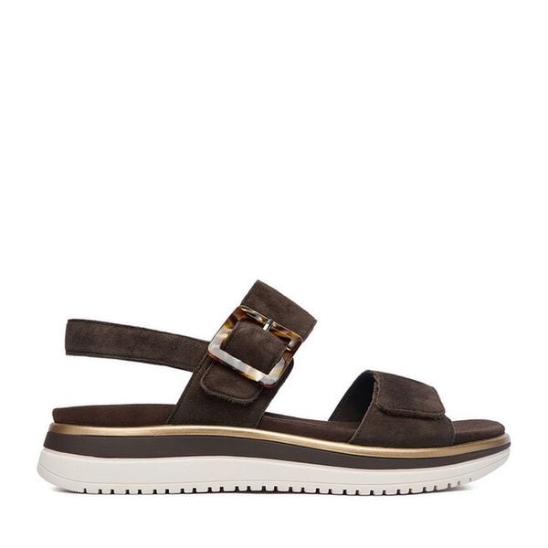 Sandały Remonte. Brązowe sandały Remonte, bez wzorów, bez obcasa, na płaskiej podeszwie, bez zapięcia. Za 379.99 zł.