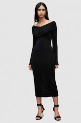 AllSaints sukienka kolor czarny midi dopasowana. Czarne sukienki AllSaints, bez wzorów, z materiału, bez kołnierzyka, bez ramiączek, maxi, dopasowane. Za 709.99 zł.