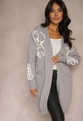 Szary Kardigan Nierozpinany z Kieszeniami i Cekinami Firizelle. Szare swetry Renee, bez wzorów, z jeansu, eleganckie, bez ramiączek. W wyprzedaży za 135.99 zł.