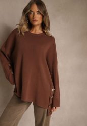 Brązowy Sweter z Wiskozą i Guzikami po Bokach Violsave. Brązowe swetry Renee, l, bez wzorów, z jeansu, casualowe, bez ramiączek. Za 149.99 zł.