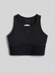 4F Crop top do jogi szybkoschnący damski - czarny M. Czarne topy 4f, l, bez wzorów, z gumy, biznesowe, bez kołnierzyka, bez ramiączek. Za 119.99 zł.