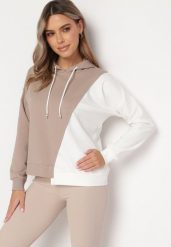 Beżowa Bluza z Bawełny z Asymetrycznym Wzorem i Kapturem Revea. Brązowe bluzy Born2be, bez wzorów, z bawełny, casualowe, bez ramiączek, z kapturem. W wyprzedaży za 84.99 zł.