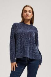 Sweter z ozdobnym splotem granatowy. Niebieskie swetry MOODO, l, bez wzorów, z poliesteru, bez ramiączek. W wyprzedaży za 69.99 zł.