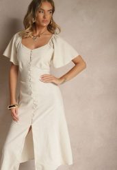 Beżowa Bawełniana Sukienka z Wiązaniem i Guzikami Kolarissa. Brązowe sukienki Renee, na co dzień, l, bez wzorów, z bawełny, eleganckie, bez kołnierzyka, bez ramiączek, midi, dopasowane. W wyprzedaży za 135.99 zł.