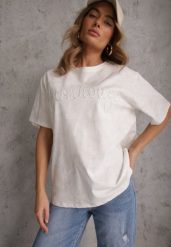 Biały Oversizowy T-shirt z Bawełny Zdobiony Haftem z Cekinami Marivia. Białe t-shirty Renee, l, z aplikacjami, z bawełny, eleganckie, bez kołnierzyka, bez ramiączek. Za 69.99 zł.