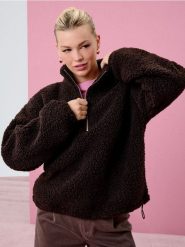 Bluza sherpa ze stójką na zamek - brązowy. Brązowe bluzy Sinsay, l, bez wzorów, z polaru, bez ramiączek, bez kaptura. Za 69.99 zł.