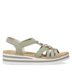 Sandały Rieker. Zielone sandały Rieker, bez wzorów, bez obcasa, na koturnie, bez zapięcia. Za 299.99 zł.