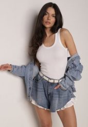 Niebieskie Bawełniane Szorty Jeansowe z Falbanami Demite. Niebieskie szorty Born2be, bez wzorów, z bawełny, eleganckie. Za 129.99 zł.