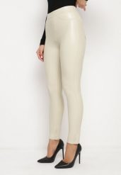 Jasnobeżowe Legginsy z Ekoskóry z Wysokim Stanem i Imitacją Kieszeni Merievia. Brązowe legginsy Born2be, bez wzorów, z jeansu, eleganckie. Za 29.99 zł.