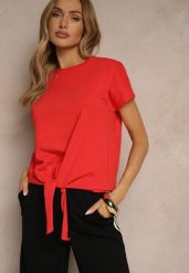 Czerwony Bawełniany T-shirt Wiązany u Dołu Sunalina. Czerwone t-shirty Renee, l, bez wzorów, z bawełny, bez kołnierzyka, bez ramiączek. W wyprzedaży za 27.99 zł.