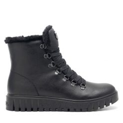 Botki Rieker. Czarne botki Rieker, bez wzorów, bez obcasa, na płaskiej podeszwie, bez zapięcia. Za 265.99 zł.
