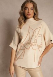 Beżowy Golf o Pudełkowym Kroju z Krótkim Rękawem Zdobiony Grafiką Uninasea. Brązowe swetry Renee, z aplikacjami, z jeansu, bez ramiączek. Za 79.99 zł.