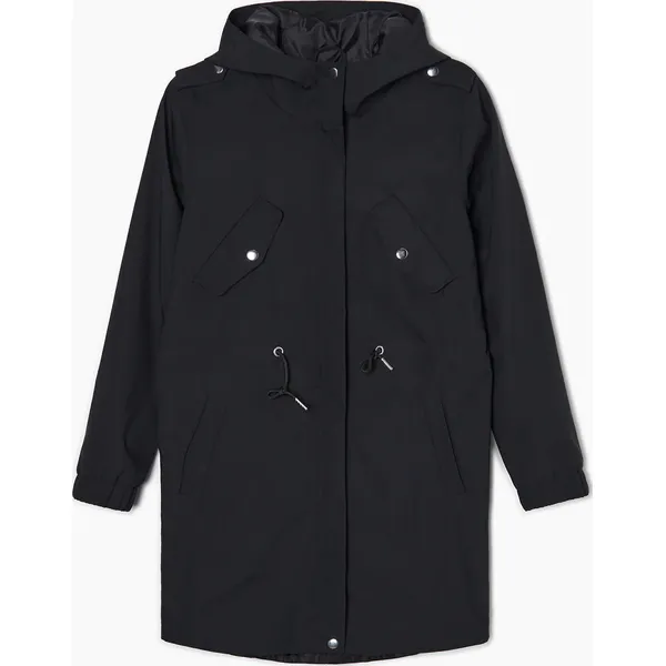 Parka z kapturem - Czarny. Czarne płaszcze Cropp, l, bez wzorów, z tkaniny, z kapturem. Za 179.99 zł.