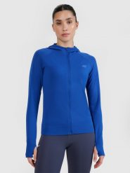 4F Bluza do biegania w terenie rozpinana z kapturem damska - niebieska M/L. Niebieskie bluzy z kapturem 4f, l, bez wzorów, z dzianiny, z kapturem, do biegania. W wyprzedaży za 139.99 zł.