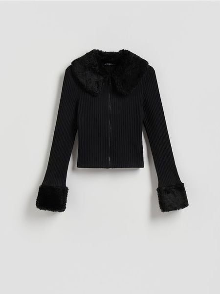 Sweter z kołnierzem - czarny. Czarne swetry Reserved, l, bez wzorów, z bawełny, bez ramiączek. Za 139.99 zł.