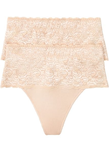 Stringi o średnim stopniu modelowania sylwetki (2 pary). Brązowe bielizna modelująca bonprix, bez wzorów, z koronki. Za 79.99 zł.