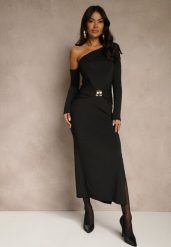 Czarna Sukienka z Wiskozą Aplikacją Marszczeniem i Wywiniętym Dekoltem Reilenna. Czarne sukienki Renee, m, z aplikacjami, z wiskozy, wizytowe, bez kołnierzyka, bez ramiączek. Za 119.99 zł.