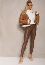 Brązowe Legginsy z Imitacji Skóry High Waist z Polarem Selabra. Brązowe legginsy Renee, bez wzorów, z jeansu. Za 39.99 zł.