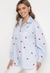 Niebieska Bawełniana Koszula z Haftem w Truskawki z Kieszonką Nalorielis. Niebieskie koszule Born2be, m, bez wzorów, z bawełny, eleganckie, bez kołnierzyka, bez ramiączek. W wyprzedaży za 101.99 zł.