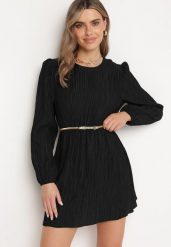 Czarna Rozkloszowana Sukienka z Gumką w Pasie i Długim Rękawem Biasha. Czarne sukienki Born2be, na co dzień, m, bez wzorów, eleganckie, bez kołnierzyka, bez ramiączek, mini, dopasowane. W wyprzedaży za 93.49 zł.