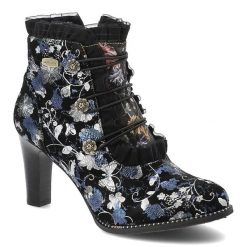 Botki damskie Laura Vita, na wysokim słupku skórzane bogato zdobione i zapinane na zamek, granatowe, SL316-130K. Czarne botki LAURA VITA, z aplikacjami, eleganckie, bez obcasa, na obcasie, bez zapięcia. Za 389.00 zł.