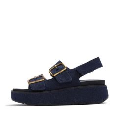 Sandały na koturnie z zapięciem na plecach damskie FitFlop Gen-FF Max. Niebieskie sandały FIT FLOP, bez wzorów, z denimu, eleganckie, bez obcasa, na koturnie, bez zapięcia. Za 756.50 zł.