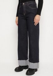 Granatowe Jeansy z Szerokimi Podwiniętymi Nogawkami Zenise. Niebieskie jeansy Born2be, l, z aplikacjami, z jeansu, eleganckie, z podwyższonym stanem. Za 119.99 zł.