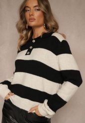 Czarny Pasiasty Sweter z Dodatkiem Wełny z Kołnierzykiem i Guzikami Tiarresa. Czarne swetry Renee, bez wzorów, z jeansu, casualowe, bez ramiączek. Za 159.99 zł.