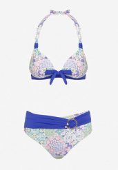 Granatowo-Beżowe Bikini z Ozdobnym Wzorem i Paskiem z Klamrą na Figach Uptella. Niebieskie bikini Born2be, bez wzorów. Za 99.99 zł.