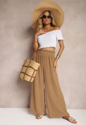 Jasnobrązowe Spodnie High Waist z Szerokimi Nogawkami i Gumką w Pasie Risabessa. Brązowe jeansy Renee, m, bez wzorów, z jeansu, eleganckie, z podwyższonym stanem. W wyprzedaży za 39.99 zł.