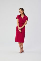 Elegancka sukienka z kołnierzem śliwkowa. Sukienki Stylove, do pracy, xxl, bez wzorów, z elastanu, biznesowe, bez kołnierzyka, bez ramiączek, midi, dopasowane. Za 349.00 zł.