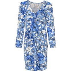 Sukienka z efektem założenia kopertowego. Białe sukienki bonprix, bez wzorów, eleganckie, bez kołnierzyka, bez ramiączek, kopertowe. Za 64.99 zł.