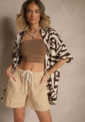 Beżowe Wiązane Szorty z Bawełny Basic z Kieszonkami Evitessa. Brązowe szorty Renee, bez wzorów, z bawełny, eleganckie. W wyprzedaży za 39.99 zł.
