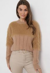 Brązowy Sweter o Klasycznym Kroju z Puchatego Materiału Hellende. Brązowe swetry Born2be, z aplikacjami, klasyczne, bez ramiączek. W wyprzedaży za 84.99 zł.
