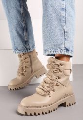 Ciemnobeżowe Trapery w Casualowym Stylu z Futerkowym Zdobieniem na Języku Taniapea. Brązowe traperki Renee, z aplikacjami, z jeansu, klasyczne, bez obcasa, bez zapięcia. Za 119.99 zł.