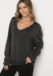 Czarny Wiskozowy Sweter o Pudełkowym Kroju z Metaliczną Nitką Essmia. Czarne swetry Born2be, plus size, bez wzorów, z dzianiny, klasyczne, plus size, bez ramiączek. Za 79.99 zł.