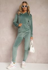 Miętowy Welurowy Komplet Dresowy Bluza z Kapturem i Spodnie Vilna. Zielone bluzy Renee, s, bez wzorów, z dresówki, z kapturem. W wyprzedaży za 63.99 zł.